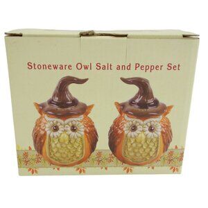 Cracker Barrel Stoneware Owl Fall Harvest Theme Salt and Pepper Shaker Set w/ Bo